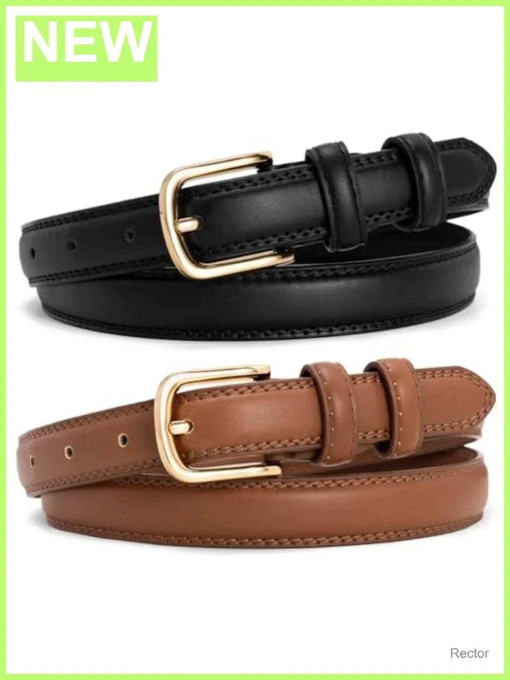 2 Pack Women's Faux Leather Belts with Gold-Tone Buckle, Adjustable Skinny Belt